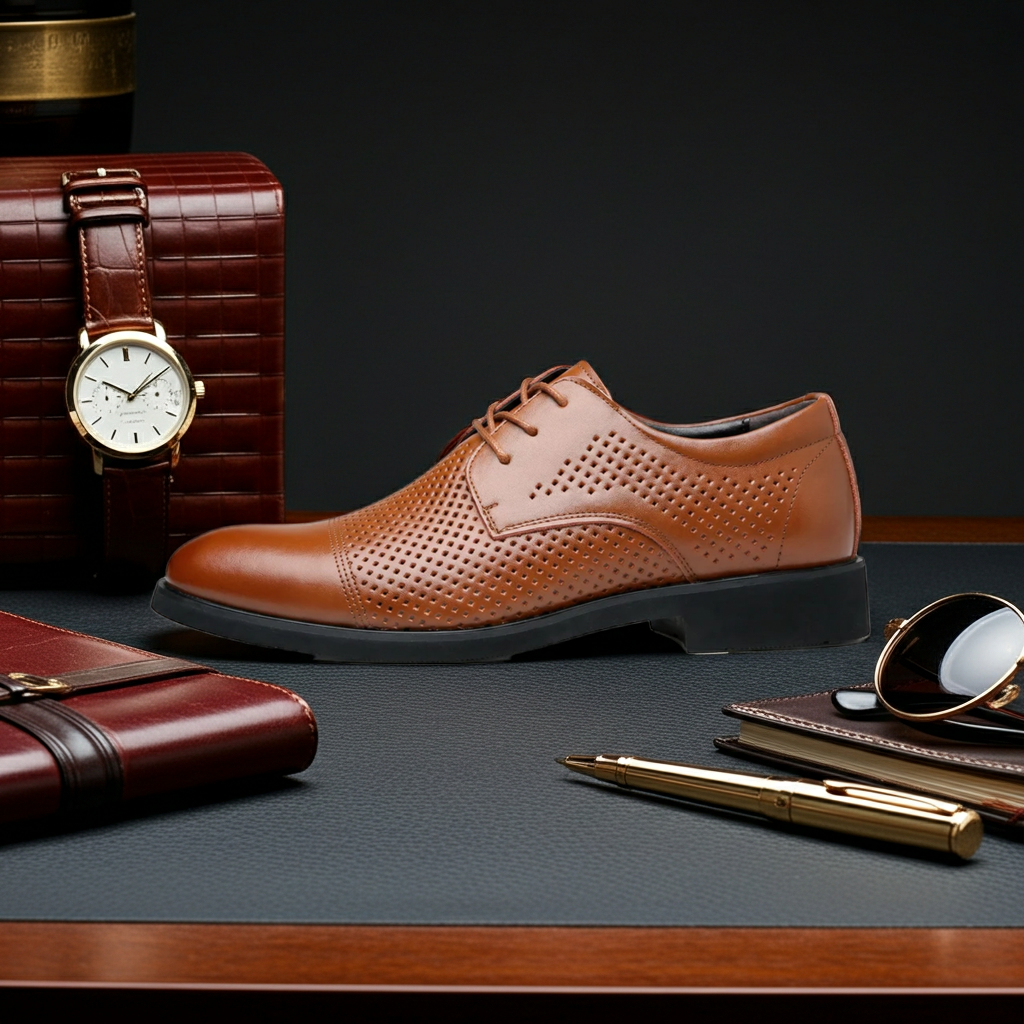 Cognac Lattice — Men's Elevator Dress Shoe 7cm